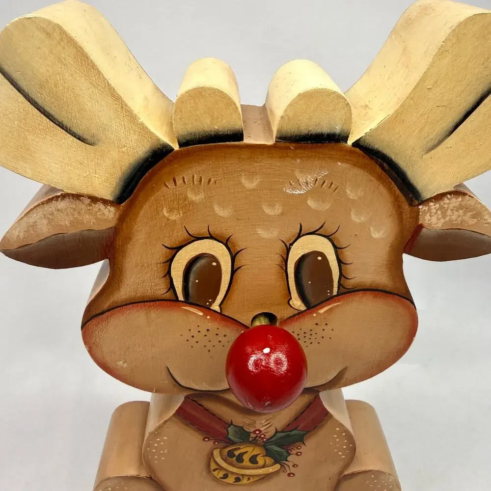 Vintage Hand Painted Wooden Reindeer Musical Christmas Decoration